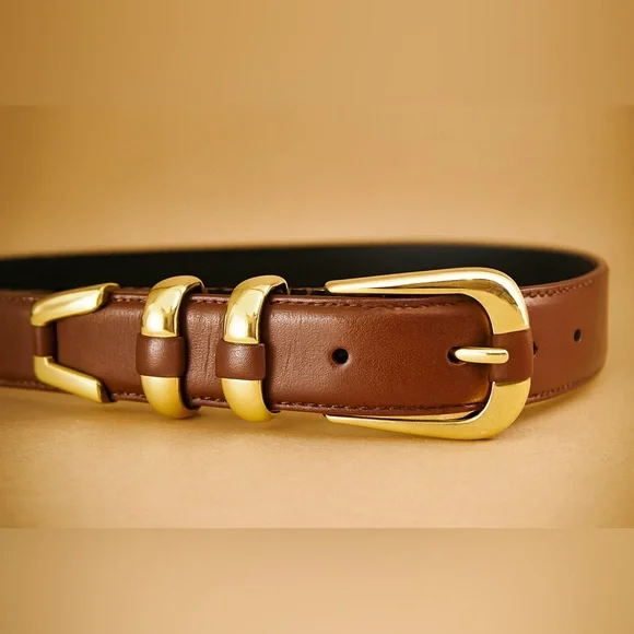 Studio New York Women’s Brown Leather Belt with Gold Buckle Large - Picture 1 of 4
